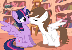 Size: 2048x1433 | Tagged: safe, artist:andrestoons, twilight sparkle, twilight sparkle (alicorn), oc, oc:andres vargas, alicorn, andlight, canon x oc, female, golden oaks library, kissing, ladder, male, shipping, spread wings, straight, wings