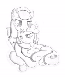 Size: 2136x2530 | Tagged: safe, artist:fireworks sea, derpibooru exclusive, applejack, rarity, earth pony, pony, unicorn, female, heart eyes, lesbian, monochrome, rarijack, shipping, traditional art, wingding eyes