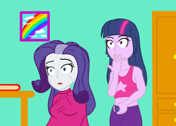 Size: 1020x732 | Tagged: safe, artist:jpgr, rarity, twilight sparkle, equestria girls, :o, alternate hairstyle, book, clothes, crying, female, open mouth, rainbow, razor, sitting, surprised