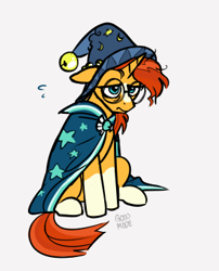 Size: 296x367 | Tagged: safe, artist:goodmode, sunburst, pony, unicorn, anxious, beard, clothes, facial hair, floppy ears, glasses, goatee, hat, male, robe, simple background, sitting, socks (coat marking), solo, stallion, tired, white background, wizard hat