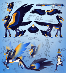 Size: 5100x5626 | Tagged: safe, artist:turnipberry, oc, oc only, oc:ground pounder, anthro, pegasus, pony, seapony (g4), unguligrade anthro, absurd resolution, bat signal, blue background, cheek feathers, colored hooves, colored wings, dewclaw, feathered mane, fetlock fins, male, multicolored wings, puffed chest, realistic horse legs, seaponified, seapony oc, shoulder feathers, simple background, solo, species swap, spikes, spread wings, stallion, tail feathers, winged hooves, wings