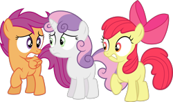 Size: 4008x2356 | Tagged: safe, artist:tourniquetmuffin, apple bloom, scootaloo, sweetie belle, earth pony, pegasus, pony, unicorn, twilight time, bow, cutie mark crusaders, female, filly, hair bow, nervous, simple background, transparent background, vector