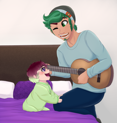 Size: 1000x1052 | Tagged: safe, artist:miamaha, timber spruce, oc, oc:terra rosa, human, equestria girls, baby, cute, father and child, father and daughter, female, guitar, male, offspring, older, parent and child, parent:sci-twi, parent:timber spruce, parent:twilight sparkle, parents:timbertwi, singing