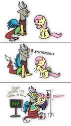 Size: 720x1280 | Tagged: safe, artist:delfinaluther, discord, fluttershy, draconequus, pegasus, pony, :3, :i, blanket, blood transfusion, coils, comic, concerned, crying, cute, dialogue, discoshy, discute, electrocardiogram, exclamation point, eyes closed, female, first aid kit, fluttershy is not amused, heart monitor, holding a pony, hoof over mouth, male, mare, onomatopoeia, overreaction, shipping, simple background, sitting, smiling, sneezing, straight, swaddled, unamused, white background