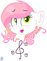 Size: 690x888 | Tagged: safe, artist:rainbow eevee, oc, oc only, oc:sugar morning, pegasus, pony, bizarre songs future wife, cute, cutie mark, eyebrows visible through hair, female, green eyes, looking at you, open mouth, pegasus oc, simple background, smiling, smiling at you, solo, sticker, text, transparent background