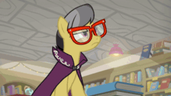 Size: 800x450 | Tagged: safe, screencap, a.k. yearling, daring do, peach fuzz, earth pony, pegasus, pony, daring doubt, animated, background pony, backlit, book, bookstore, cheek squish, daring do cosplay, duo, duo female, excited, fangirling, female, filly, gasp, gif, glasses, hat, in awe, mare, squishy cheeks, we don't normally wear clothes, wow
