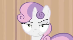Size: 642x358 | Tagged: safe, edit, edited screencap, editor:undeadponysoldier, screencap, sweetie belle, pony, unicorn, for whom the sweetie belle toils, evil, evil grin, female, filly, grin, looking at you, smiling