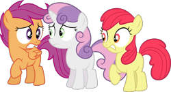 Size: 4008x2167 | Tagged: safe, artist:tourniquetmuffin, edit, editor:slayerbvc, apple bloom, scootaloo, sweetie belle, earth pony, pegasus, pony, unicorn, twilight time, accessory-less edit, cutie mark crusaders, female, filly, missing accessory, nervous, simple background, transparent background, vector, vector edit