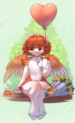 Size: 1600x2610 | Tagged: safe, artist:peachmayflower, oc, oc only, oc:eva, pegasus, pony, semi-anthro, balloon, blushing, bouquet, cheek fluff, ear fluff, female, flower, heart balloon, mare, pale belly, shoulder fluff, sitting, solo, unshorn fetlocks