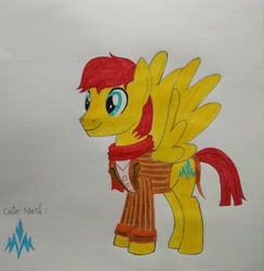 Size: 3010x3088 | Tagged: safe, artist:bsw421, flash magnus, pegasus, pony, clothes, cutie mark, jacket, scarf, smiley face, traditional art, wings