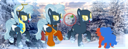 Size: 4000x1530 | Tagged: safe, artist:kk-vantas, oc, oc only, oc:snow patrol, pegasus, pony, boots, clothes, coat markings, collar, female, goggles, jacket, mare, open mouth, raised hoof, raised leg, reference sheet, shoes, snow, socks, solo, tree, uniform, wonderbolt trainee uniform, wonderbolts