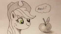 Size: 2048x1151 | Tagged: safe, artist:polar_storm, derpibooru import, applejack, earth pony, pony, apple, appul, female, food, freckles, green eyes, mare, monochrome, neo noir, partial color, simple background, solo, traditional art, white background