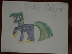 Size: 400x300 | Tagged: safe, artist:bigtimelatiaslover35, oc, oc only, oc:tesla gadget, pony, unicorn, drawing, photo, solo, traditional art