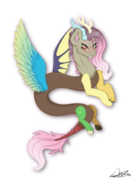 Size: 768x1024 | Tagged: safe, artist:delfinaluther, discord, fluttershy, draconequus, blushing, colored wings, cute, cute little fangs, ethereal mane, fangs, fusion, gradient wings, looking at you, multicolored wings, signature, simple background, smiling, starry mane, white background, wings