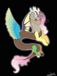 Size: 768x1024 | Tagged: safe, alternate version, artist:delfinaluther, discord, fluttershy, draconequus, black background, blushing, colored wings, cute, cute little fangs, ethereal mane, fangs, female, fusion, gradient wings, heart, looking at you, male, multicolored wings, signature, simple background, smiling, starry mane, wings