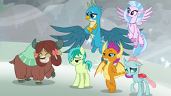 Size: 1280x720 | Tagged: safe, screencap, gallus, ocellus, sandbar, silverstream, smolder, yona, changedling, changeling, classical hippogriff, dragon, earth pony, griffon, hippogriff, pony, yak, the ending of the end, arm behind back, best friends, blizzard, claws, cloven hooves, crossed arms, crossed legs, curved horn, cute, diaocelles, diastreamies, dragoness, eyes closed, female, final battle, flying, grin, hair bow, horn, horns, jewelry, lidded eyes, looking down, male, monkey swings, necklace, pearl necklace, raised hoof, smiling, smugder, snow, snowfall, spread wings, student six, talons, teenaged dragon, teenager, unshorn fetlocks