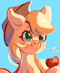 Size: 1178x1420 | Tagged: safe, artist:tohupo, applejack, earth pony, pony, apple, blue background, cowboy hat, cute, female, food, hat, hoof hold, jackabetes, mare, simple background, solo, straw in mouth