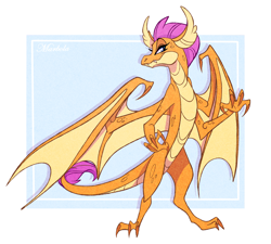 Size: 2056x1851 | Tagged: safe, artist:marbola, part of a set, smolder, dragon, claws, dragoness, female, horns, looking at you, slit eyes, smiling, solo, spread wings, toes, wings