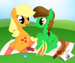 Size: 2151x1832 | Tagged: safe, artist:dyonys, applejack, oc, oc:lucky brush, earth pony, pony, apple, braid, flower, food, freckles, looking at each other, open mouth, pencil, show accurate, sitting, sketchbook