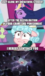 Size: 750x1264 | Tagged: safe, edit, edited screencap, screencap, cozy glow, princess twilight 2.0, twilight sparkle, twilight sparkle (alicorn), alicorn, the ending of the end, the last problem, caption, comic, cozy glow's sentence, cozybuse, image macro, meme, phantom zone, screencap comic, superman, text