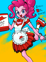 Size: 1280x1707 | Tagged: safe, artist:dadss_rootbeer, artist:xjleiu, pinkie pie, equestria girls, apron, boob window, breasts, carrying, cleavage, clothes, dress, female, food, looking at you, maid, open mouth, pixiv, pizza, pizza box, pizza hut, pizza hut maid dress, roller skates, skating, skirt, smiling, smiling at you, socks, solo, watch, wristwatch