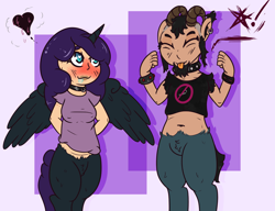 Size: 1300x1000 | Tagged: safe, artist:lazerblues, oc, oc only, oc:lazerblues, oc:mal, satyr, blushing, bracelet, choker, clothes, collar, drool, ear piercing, heart, heart eyes, horn, jewelry, offspring, parent:oc:nyx, piercing, pubic fluff, shirt, t-shirt, wingding eyes, wings