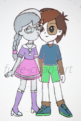 Size: 1572x2358 | Tagged: safe, artist:fude-chan-art, pipsqueak, silver spoon, equestria girls, boots, braided ponytail, clothes, equestria girls-ified, female, glasses, high heel boots, kiss on the cheek, kissing, male, obtrusive watermark, shipping, shoes, shorts, silversqueak, skirt, straight, watermark