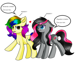 Size: 3000x2437 | Tagged: safe, artist:rainbowtashie, oc, oc:leaficune, oc:rainbowtashie, pony, console ponies, console wars, love, misspelling, nintendo, playstation, shipping, simple background, speech bubble, transparent background