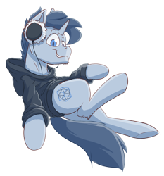 Size: 1190x1276 | Tagged: safe, artist:ikarooz, oc, oc only, oc:tesseract, pony, unicorn, clothes, headphones, hoodie, male, simple background, solo, transparent background