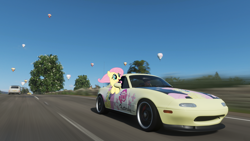 Size: 1920x1080 | Tagged: safe, fluttershy, pony, behaving like a dog, car, cute, forza horizon 4, irl, mazda, mazda mx5, photo, smiling, window