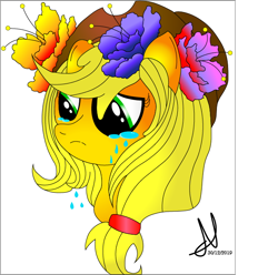 Size: 618x614 | Tagged: safe, artist:sandeline, applejack, earth pony, pony, colored, crying, female, full color, sad