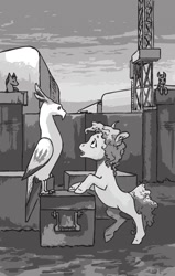 Size: 672x1056 | Tagged: safe, artist:adeptus-monitus, oc, oc only, oc:pyrelight, oc:silver bell, balefire phoenix, earth pony, phoenix, pony, unicorn, fallout equestria, fallout equestria illustrated, black and white, cloud, cloudy, duo focus, fanfic art, female, filly, foal, grayscale, hooves, horn, monochrome, new appleloosa, open mouth