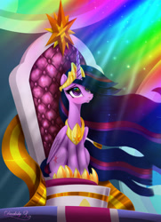 Size: 4550x6300 | Tagged: safe, artist:darksly, princess twilight 2.0, twilight sparkle, twilight sparkle (alicorn), alicorn, pony, the last problem, absurd resolution, canterlot, crepuscular rays, crown, female, hoof shoes, jewelry, looking up, mare, older, older twilight, peytral, regalia, solo, throne