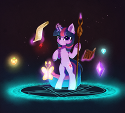 Size: 2547x2300 | Tagged: safe, artist:empress-twilight, twilight sparkle, unicorn twilight, pony, unicorn, bipedal, book, chest fluff, cute, ear fluff, elements of harmony, female, glowing horn, horn, magic, magic circle, mare, paper, pentagram, scroll, solo, staff, standing, telekinesis, twiabetes, unshorn fetlocks