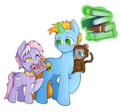 Size: 1280x1165 | Tagged: safe, artist:onionpwder, dusty pages, oc, oc:harmony star, oc:lolly, alicorn, monkey, the point of no return, alicorn oc, book, levitation, magic, mouth hold, no pupils, one eye closed, pet oc, simple background, telekinesis, transparent background, wingless, wink