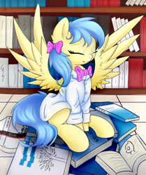 Size: 750x896 | Tagged: safe, artist:b_m, oc, oc only, oc:lrivulet, oc:左岸, pony, book, bookshelf, doctor, solo