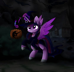Size: 1280x1244 | Tagged: safe, artist:empress-twilight, twilight sparkle, twilight sparkle (alicorn), alicorn, pony, candy, clothes, costume, food, halloween, halloween costume, hat, holiday, house, night, nightmare night, nightmare night costume, nightmare night symbol, solo, witch, witch costume, witch hat