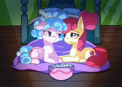 Size: 1920x1372 | Tagged: safe, artist:suziouwabami, apple bloom, cozy glow, earth pony, pegasus, pony, bed, bedroom, blanket, bow, bowl, cozybloom, female, food, lesbian, lights out, looking at each other, popcorn, prone, shipping, smiling, spotlight