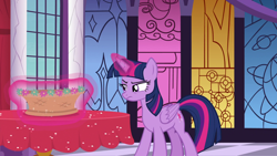 Size: 1920x1080 | Tagged: safe, screencap, twilight sparkle, twilight sparkle (alicorn), alicorn, pony, between dark and dawn, basket, magic, solo