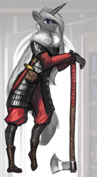 Size: 665x1213 | Tagged: safe, artist:nsilverdraws, oc, oc only, oc:tiberius aldrake, anthro, plantigrade anthro, armor, axe, solo, weapon