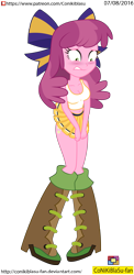 Size: 1665x3421 | Tagged: safe, artist:conikiblasu-fan, cheerilee, equestria girls, the cart before the ponies, boots, breasts, cheerileeder, cheerleader, cleavage, cutie mark on human, embarrassed, female, schrödinger's pantsu, shoes, simple background, solo, transparent background