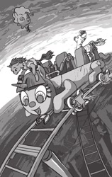 Size: 507x800 | Tagged: safe, artist:adeptus-monitus, oc, oc only, oc:littlepip, oc:xenith, pony, unicorn, zebra, fallout equestria, fallout equestria illustrated, black and white, cloud, cloudy, cutie mark, fanfic, fanfic art, female, fillydelphia, grayscale, hooves, horn, mare, monochrome, pinkie pie balloons, pipbuck, roller coaster, rollercoaster, zebra oc
