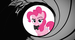 Size: 4164x2256 | Tagged: safe, artist:disneymarvel96, artist:jhayarr23, derpibooru import, edit, pinkie pie, earth pony, pony, bowtie, gun barrel, james bond, smug