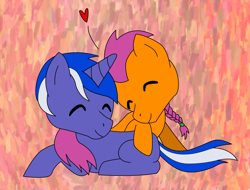 Size: 1911x1455 | Tagged: safe, artist:chili19, oc, oc only, oc:ashley, oc:orange sky, earth pony, pony, unicorn, abstract background, earth pony oc, eyes closed, gay, heart, horn, male, oc x oc, prone, shipping, smiling, stallion, unicorn oc