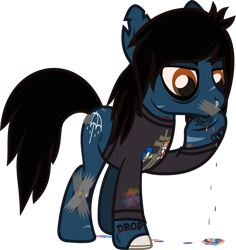 Size: 995x1056 | Tagged: safe, artist:lightningbolt, derpibooru exclusive, earth pony, pony, undead, zombie, zombie pony, .svg available, angry, bags under eyes, blood, blood stains, bloodshot eyes, bone, bring me the horizon, clothes, colored pupils, colored sclera, dripping blood, drop dead clothing, duct tape, fangs, long sleeves, male, nosebleed, oliver sykes, ponified, rainbow blood, raised hoof, scar, shirt, simple background, solo, sonic the hedgehog (series), stallion, stitches, svg, tape, tape gag, tattoo, torn ear, transparent background, underhoof, vector