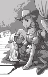 Size: 499x800 | Tagged: safe, artist:adeptus-monitus, oc, oc only, oc:calamity, oc:velvet remedy, pegasus, pony, unicorn, fallout equestria, fallout equestria illustrated, black and white, blood, cowboy hat, dashite, fanfic, fanfic art, female, floppy ears, grayscale, gritted teeth, hat, hooves, horn, lying down, male, mare, monochrome, open mouth, sitting, stable, stable 2, stage, stallion, wings