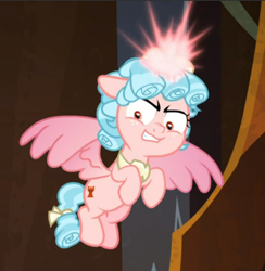 Size: 612x626 | Tagged: safe, screencap, cozy glow, alicorn, the ending of the end, alicornified, cozycorn, cropped, evil grin, flying, glowing horn, grin, horn, race swap, smiling, solo, spread wings, wings