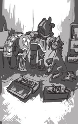 Size: 507x800 | Tagged: safe, artist:adeptus-monitus, oc, oc only, oc:palette (foe), earth pony, pony, fallout equestria, fallout equestria illustrated, applejack's cutie mark, applejack's rangers, armor, black and white, fanfic, fanfic art, female, grayscale, hooves, male, mare, monochrome, paintbrush, palette, pipbuck, power armor, stable, stable 2, stallion, steel ranger, toolbox