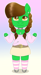 Size: 1336x2416 | Tagged: safe, artist:dyonys, oc, oc only, oc:lucky brush, anthro, earth pony, :3, accessories, belt, bow, braid, braided pigtails, chibi, choker, clothes, cute, ear piercing, earring, female, freckles, jewelry, looking at you, mare, miniskirt, necklace, piercing, pigtails, ring, shoes, skirt, socks, solo, striped socks, sweater, zettai ryouiki