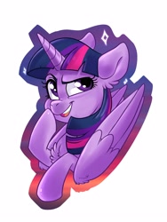 Size: 3000x4000 | Tagged: safe, artist:annakitsun3, twilight sparkle, twilight sparkle (alicorn), alicorn, pony, bust, chest fluff, female, mare, open mouth, portrait, raised eyebrow, raised hoof, smiling, smirk, solo